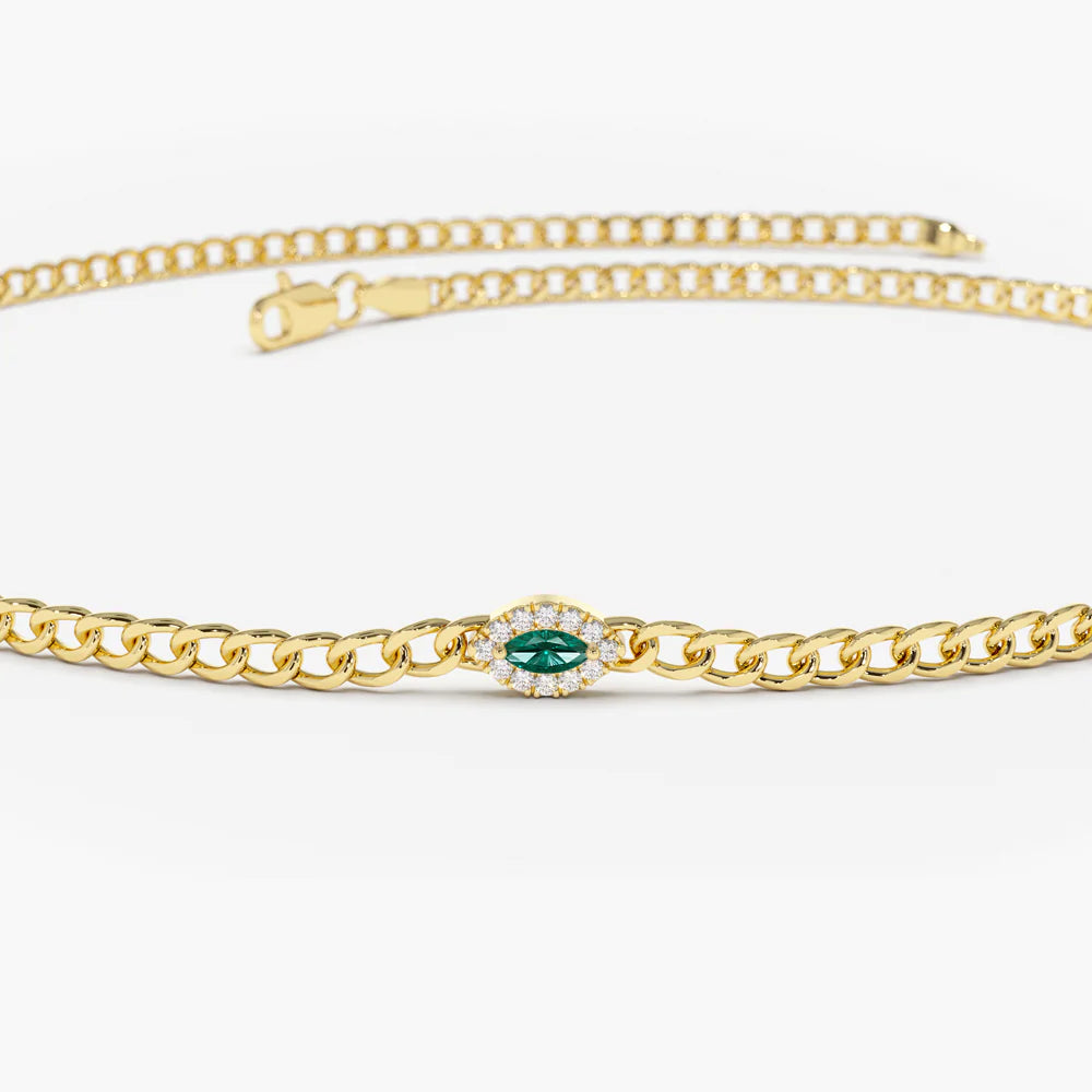 Solid Gold 2MM Curb Link Marquise Emerald Bracelet
