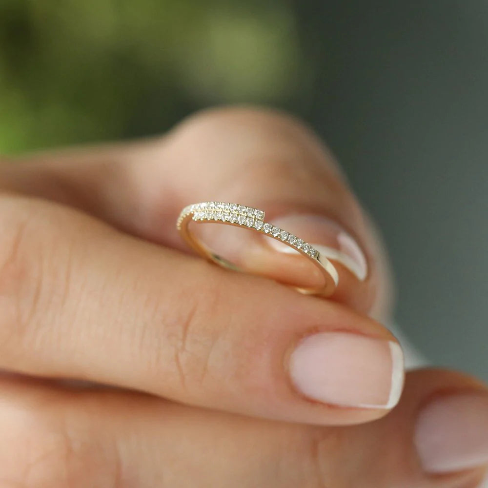 Solid Gold Cross Over Diamond Stackable Ring