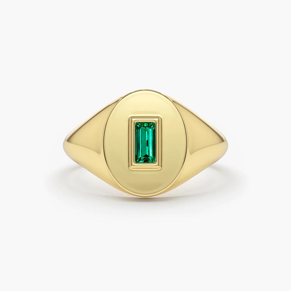Solid Gold Baguette Emerald Signet Ring