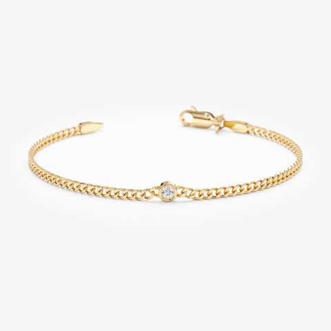 Solid Gold Solitaire Diamond Cuban Chain Bracelet