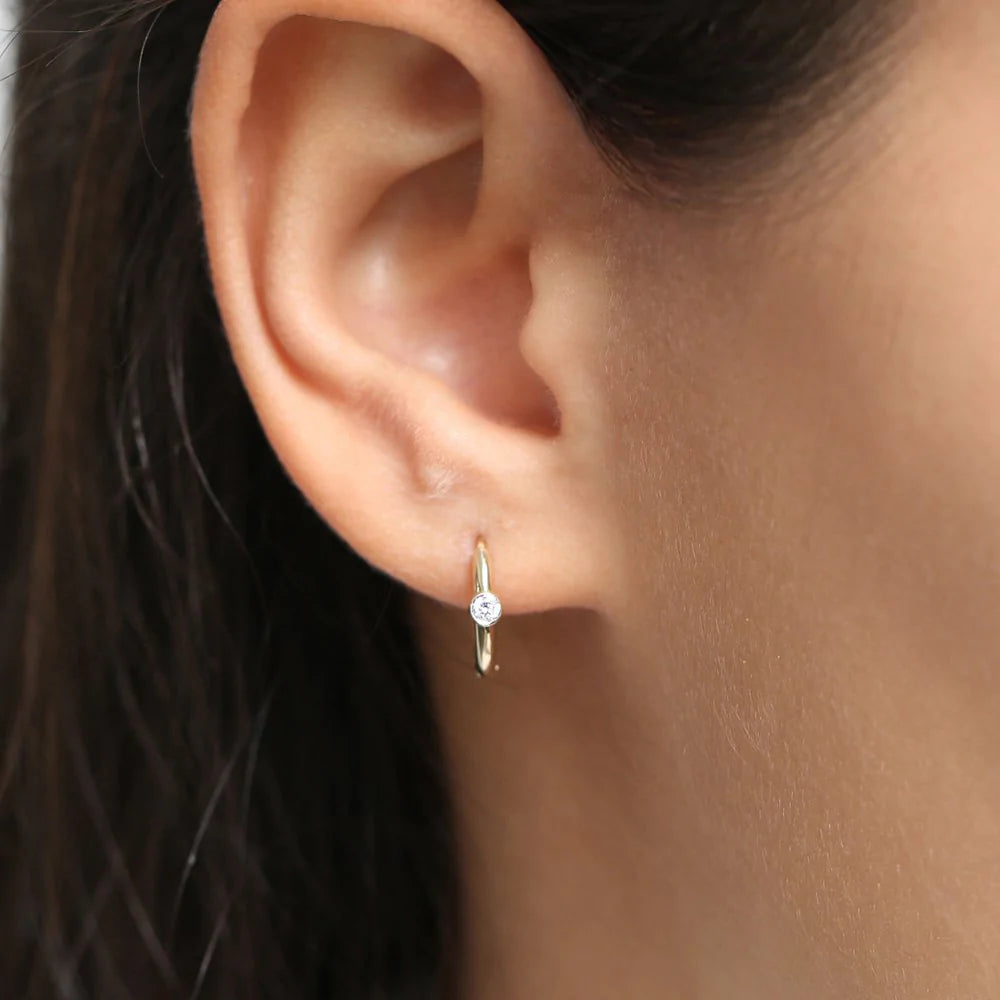 Solid Gold Single Bezel Set Diamond Hoops