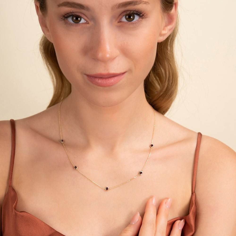Solid Gold Garnet Station Necklace (ACEE6A)