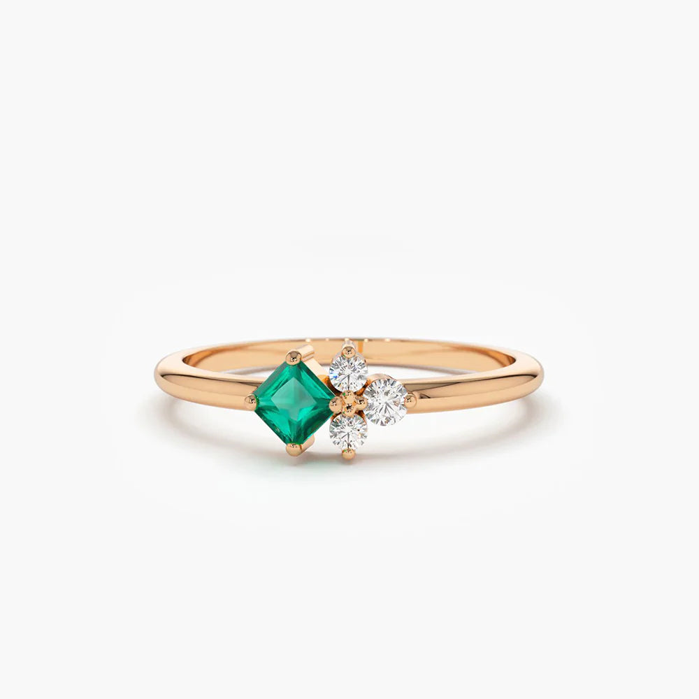 Solid Gold Dainty Princess Cut Emerald and Diamond Ring