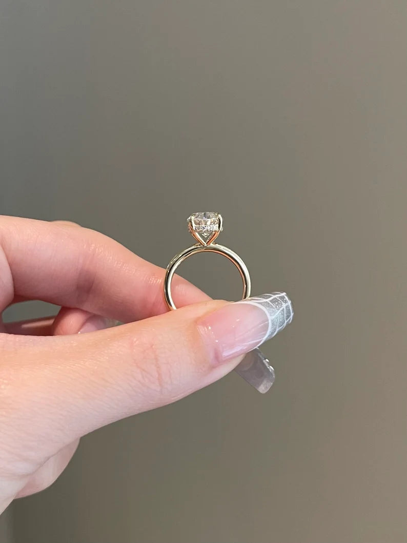 Solid Gold Engagement Ring 4 Carat Oval Cut Moissanite Hidden Halo Solitaire