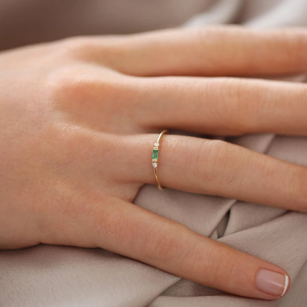 Solid Gold Baguette Emerald with Diamond Ring