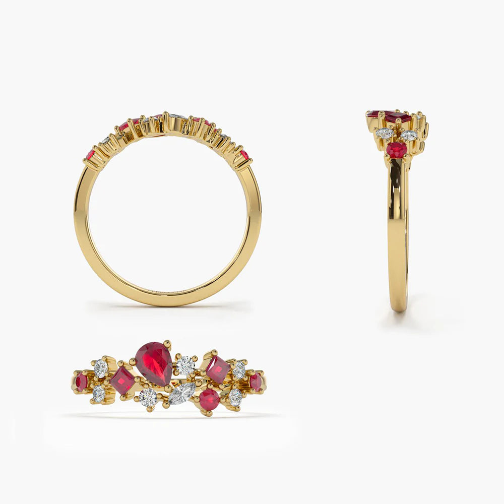 Solid Gold Ruby and Diamond Mixed Shape Cluster Ring