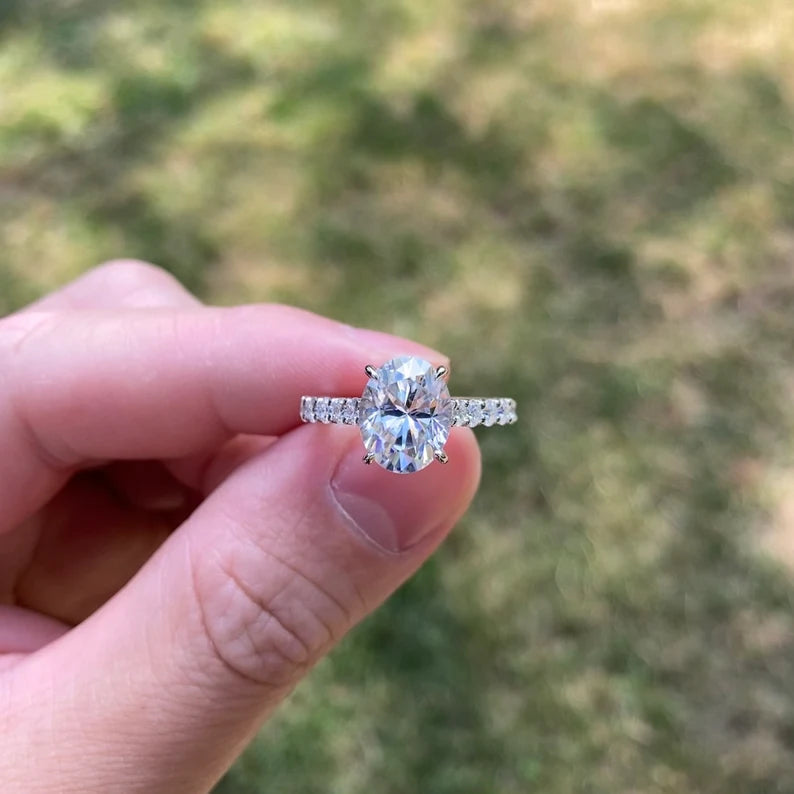 Solid Gold 3 Carat Brilliant Oval Cut Moissanite Pave Engagement Ring