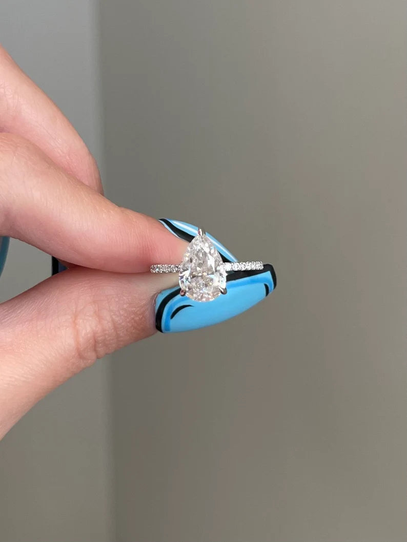 Solid Gold 2.5 Carat Pear Shape Moissanite Diamond Engagement Ring