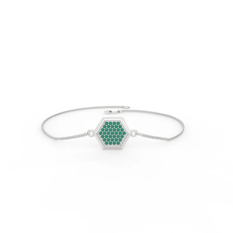 Solid Gold Natural Emerald Hexagon Chain Bracelet