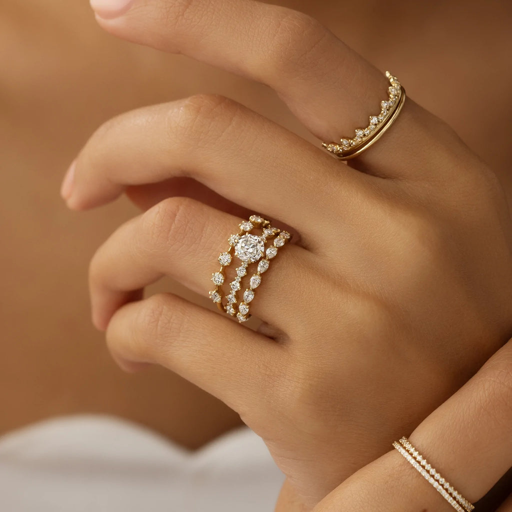 Solid Gold Wavelet Ring | 0.9ct. Round Cut Diamond Moissanite Ring