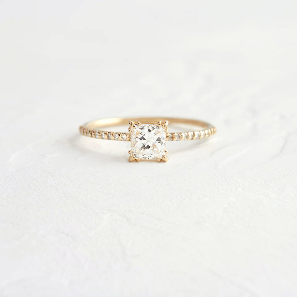 Solid Gold Pave Band, Princess Cut Lab-Grown Diamond Ring