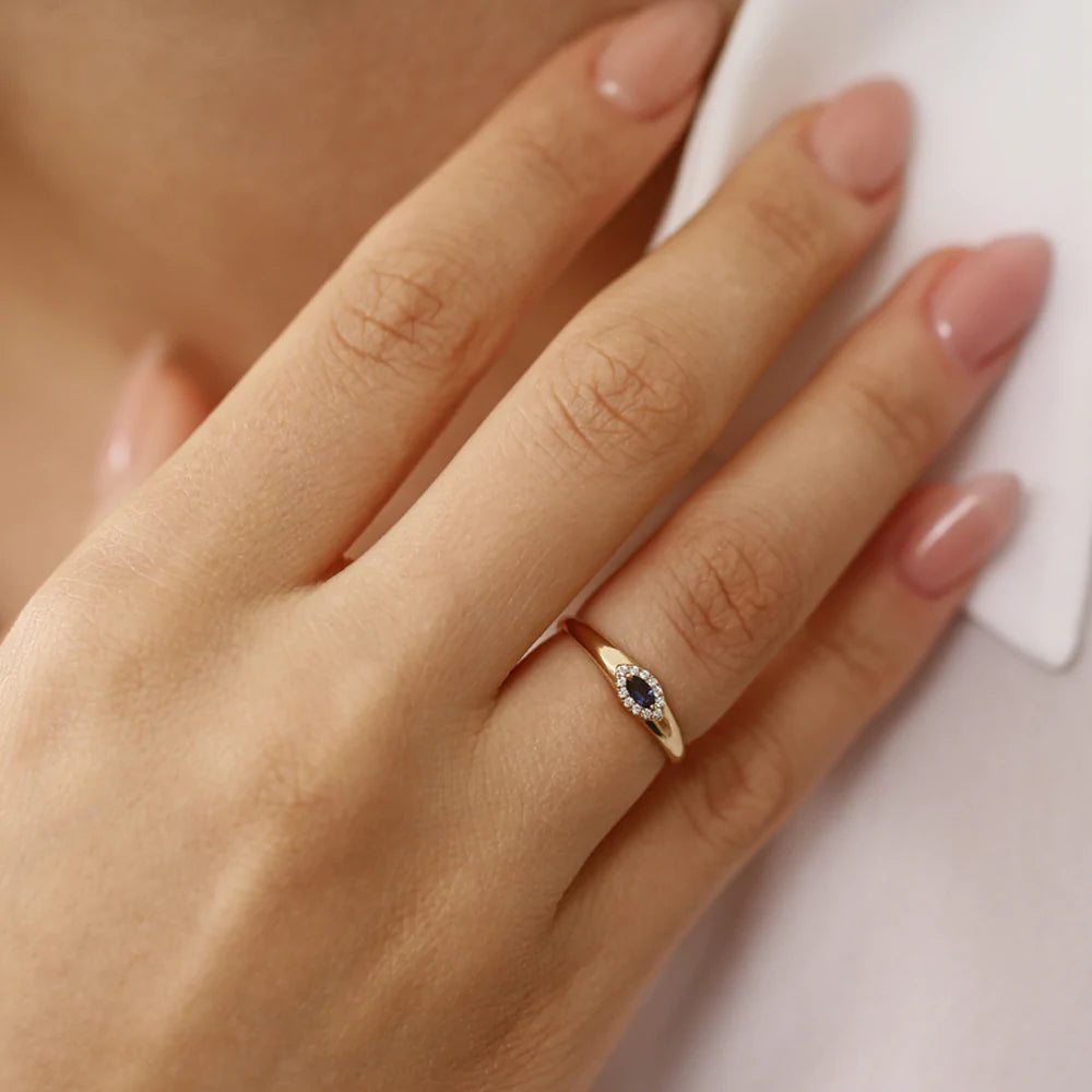 Solid Gold Marquise Sapphire Ring in Halo Setting