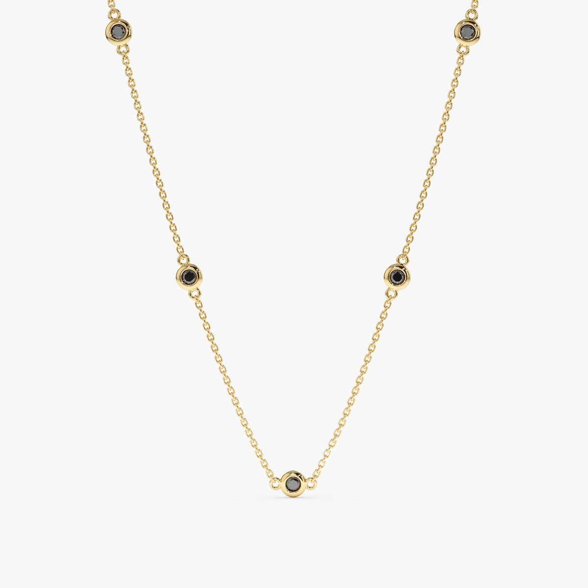 14K Solid Gold Black Diamond Station Necklace - Style A