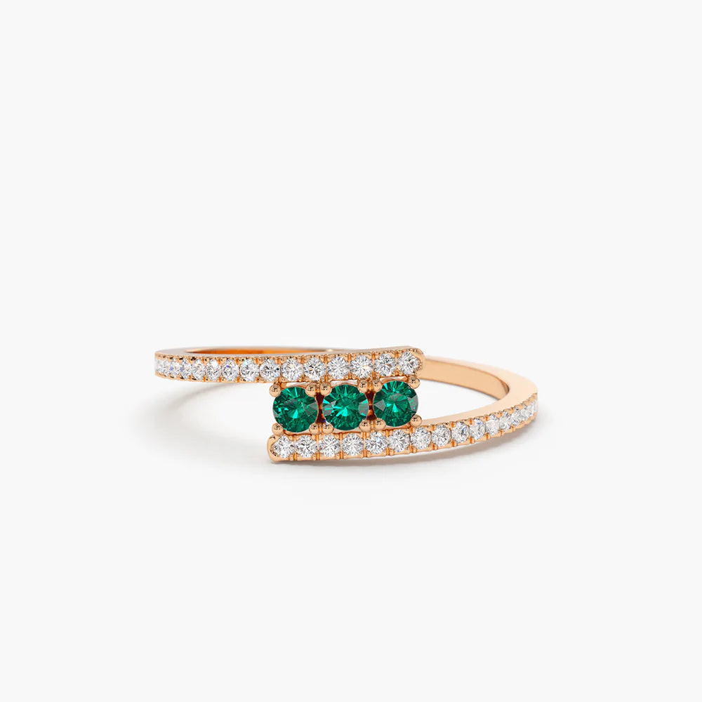 Solid Gold Cross Over Diamond Ring with Round Emeralds