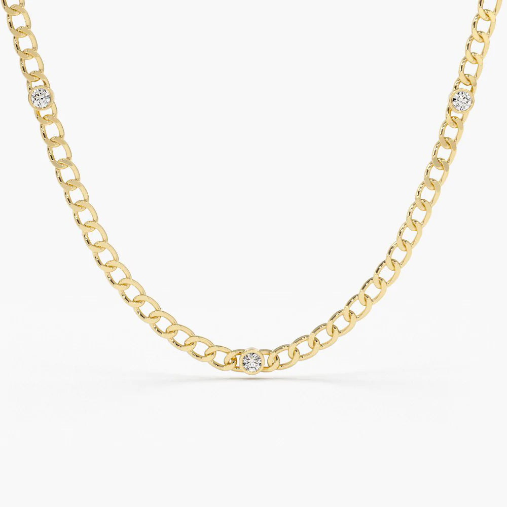 Solid Gold Cuban Link Necklace with Bezel Setting Diamond