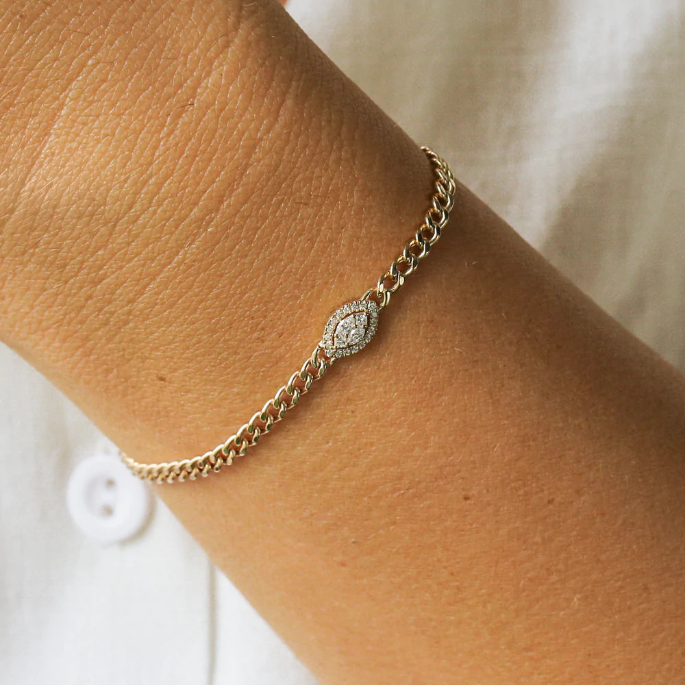 Solid Gold Curb Link Marquise Diamond Illusion Setting Bracelet