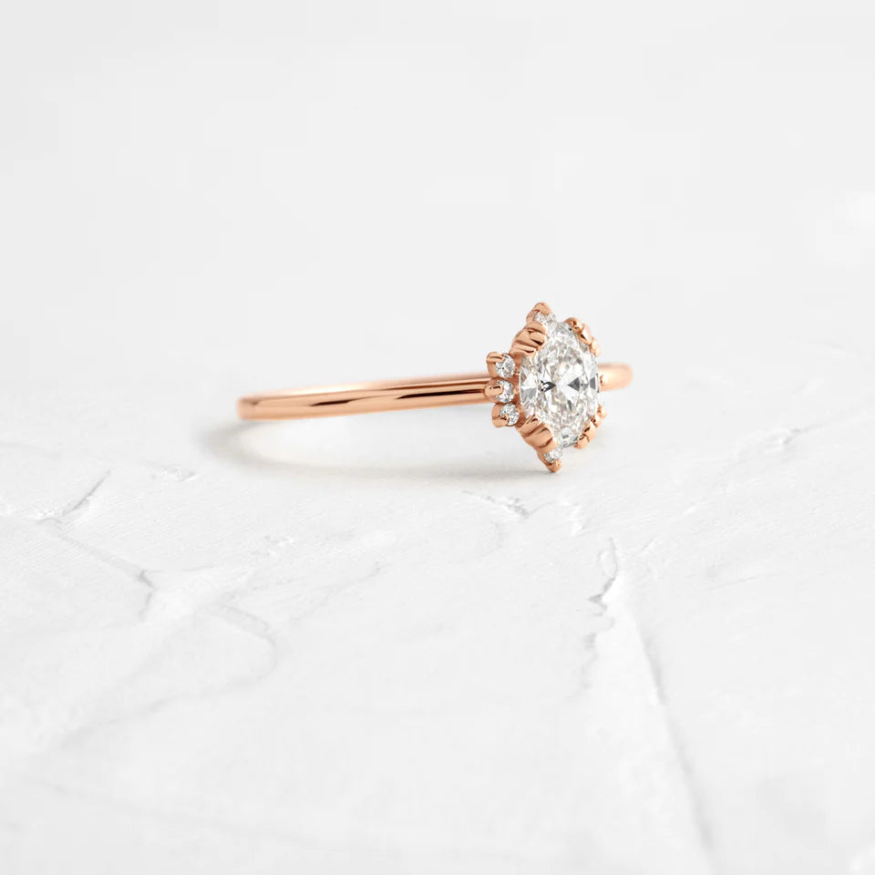 Solid Gold Threaded Ring with Halo, 0.3ct. Oval Cut Moissanite Diamond