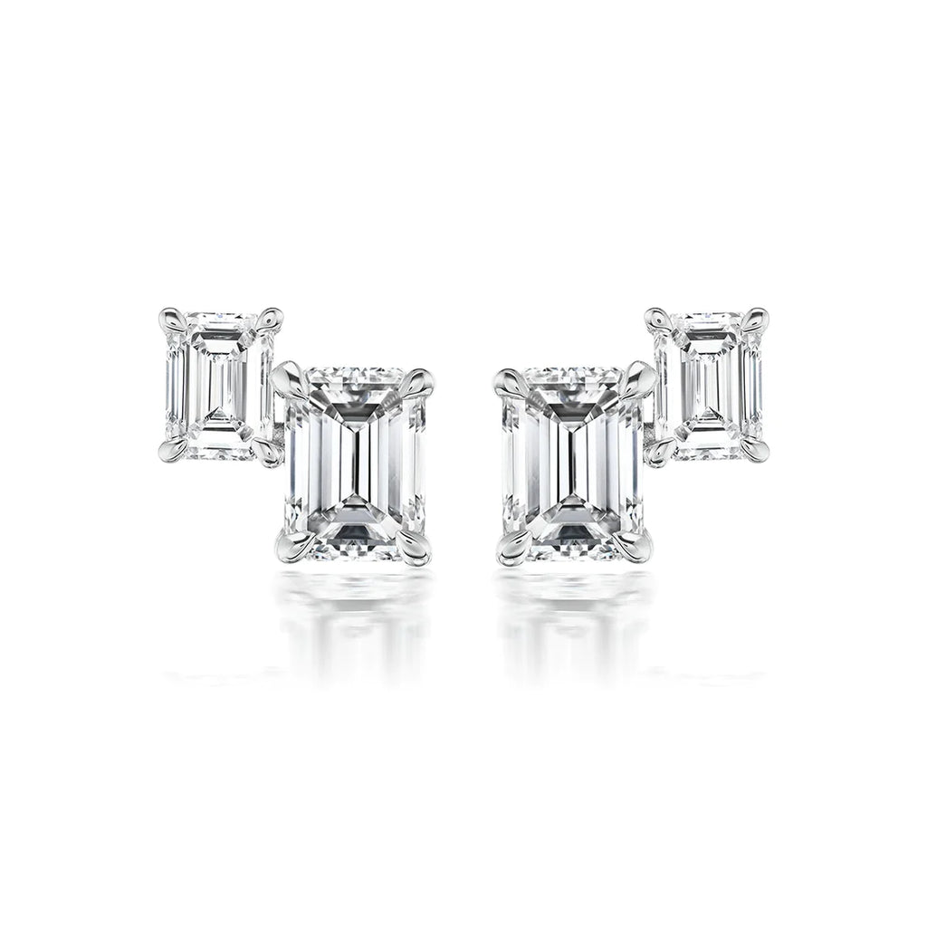 Solid Gold Emerald Cut Duo Emerald Lab Grown Diamond Studs