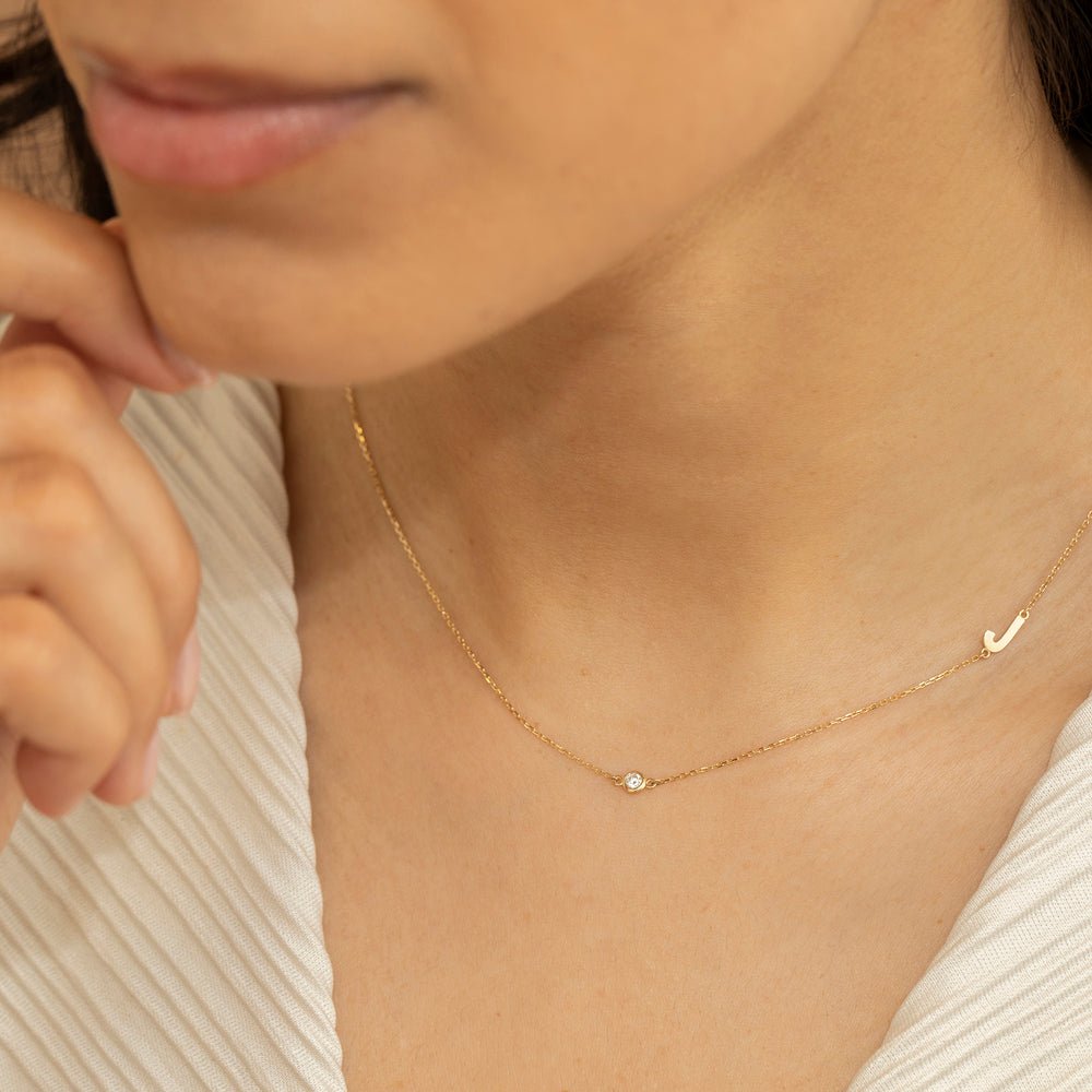 Solid Gold Solitaire Initial & Diamond Necklace