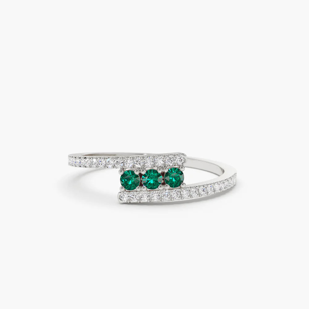 Solid Gold Cross Over Diamond Ring with Round Emeralds