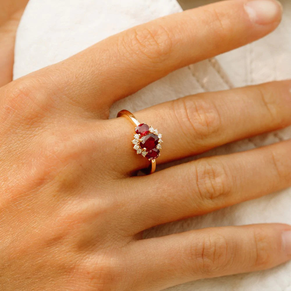 Solid Gold Three Stone Ruby Cluster Ring
