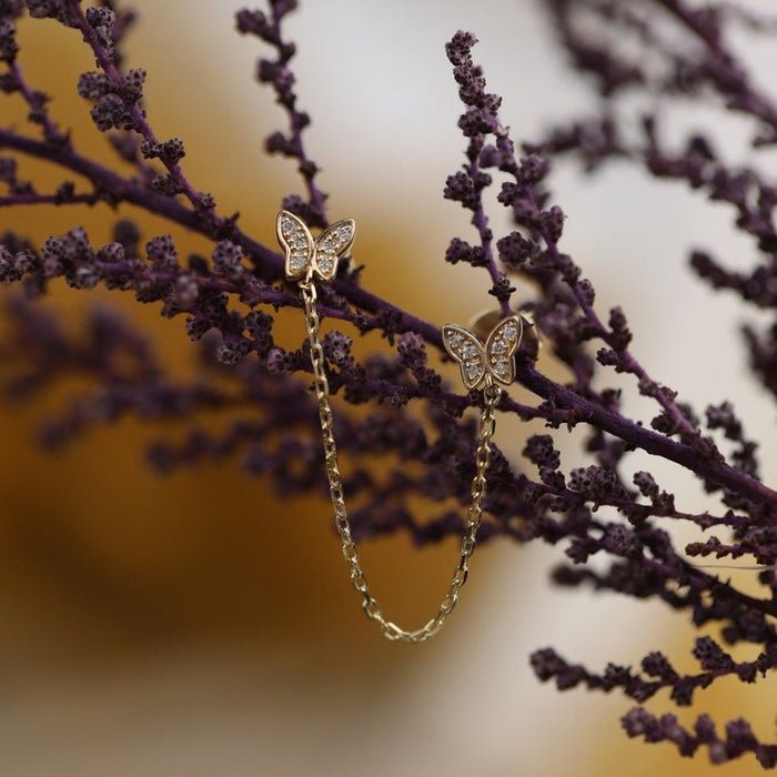 Solid Gold Diamond Butterfly Chain Studs