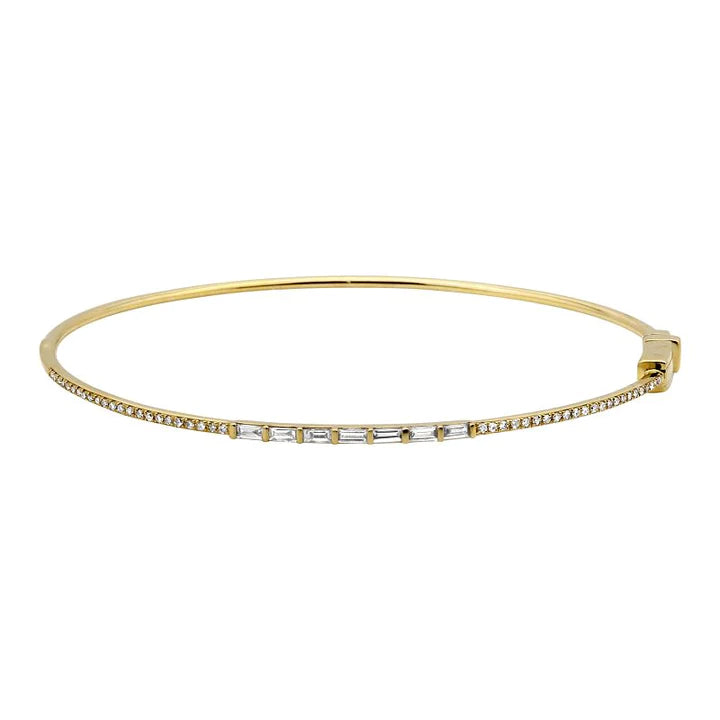 Solid Gold Thin Pave And Baguette Diamond Bangle
