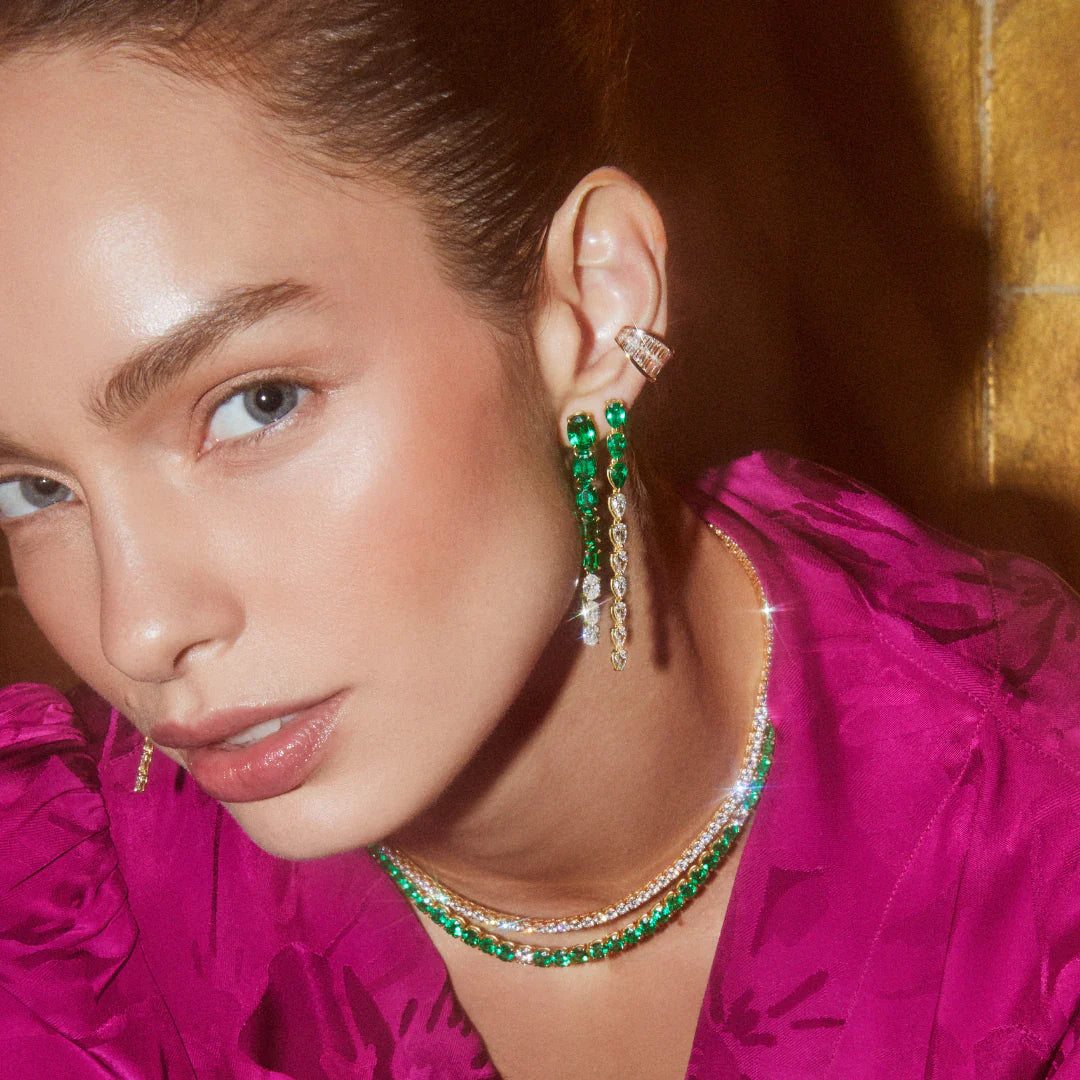 Solid Gold Pear Shaped Emerald And Diamond Drop Earrings