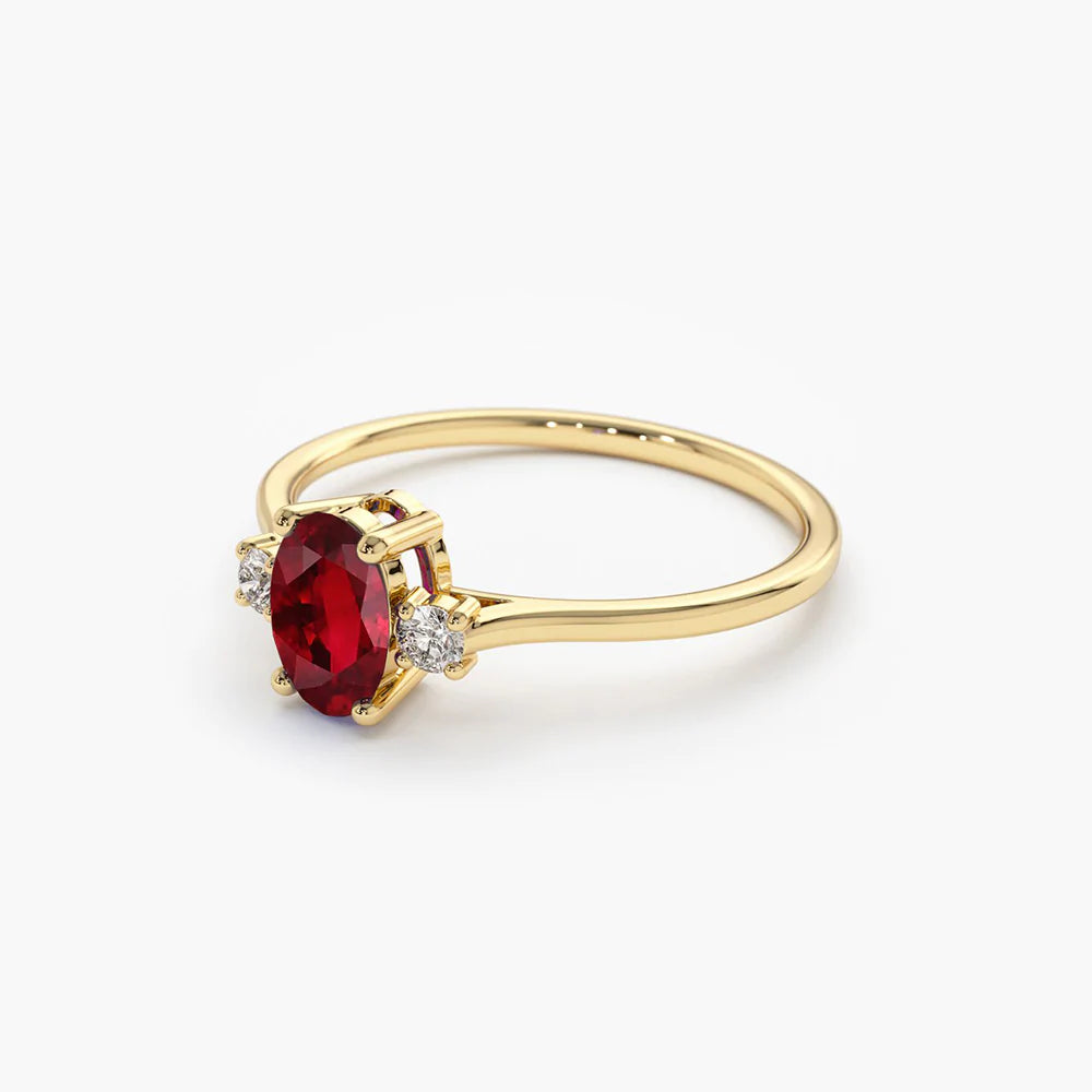 Solid Gold Oval Shape Ruby and Diamond 3 Stone Ring (12C9A5)