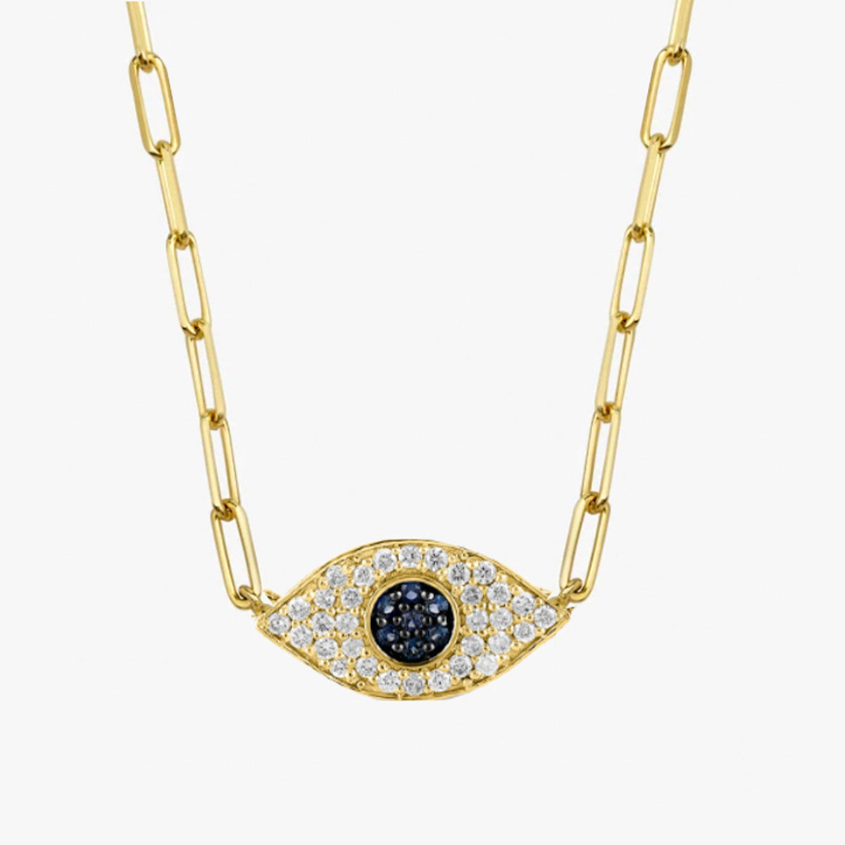 Solid Gold Sapphire & Diamond Eye Paperclip Necklace (029FE9)