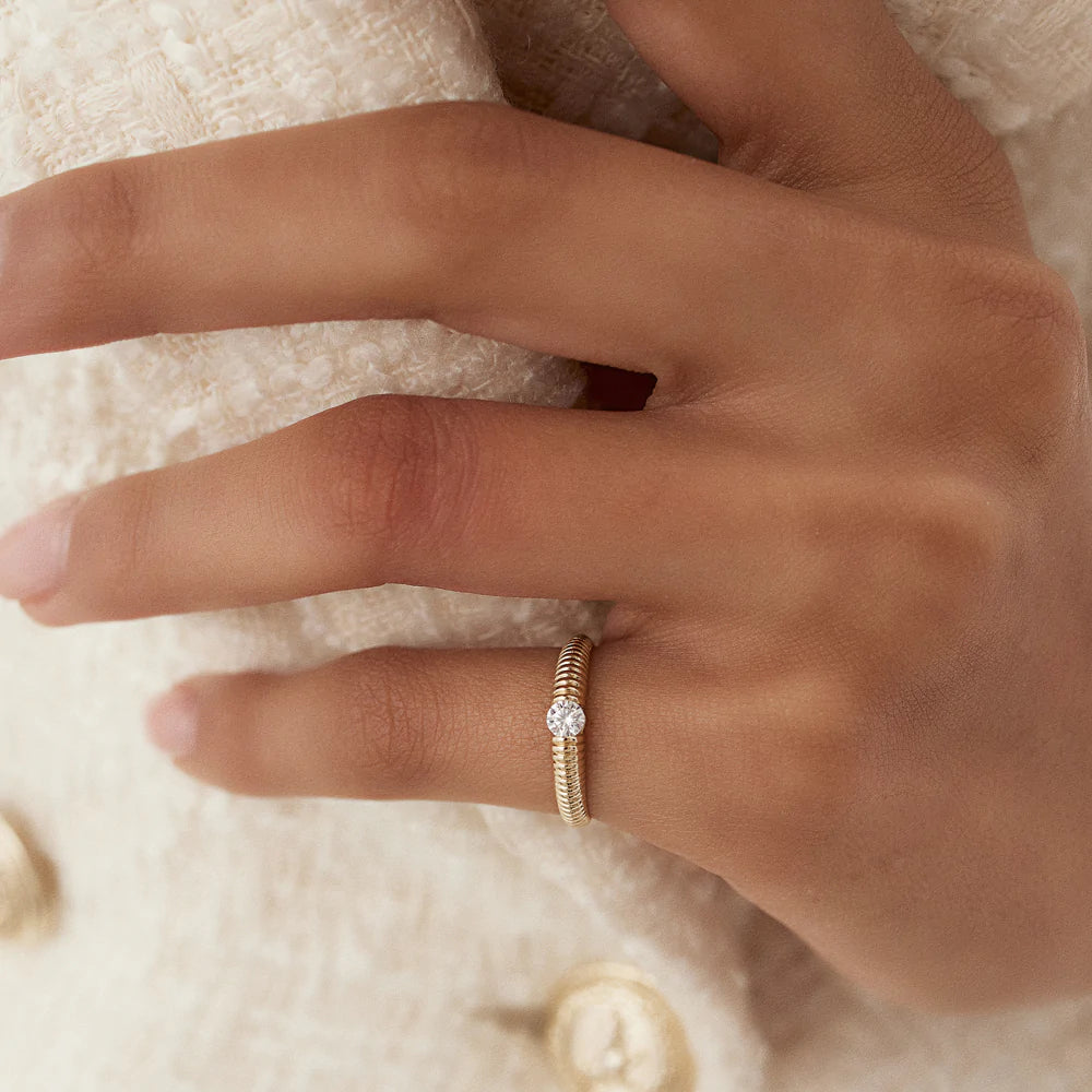 Solid Gold Ribbed Gold Solitaire Diamond Ring