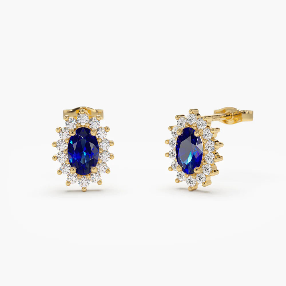 Solid Gold Oval Cut Blue Sapphire Earrings with Lab-Grown Diamond Earrings