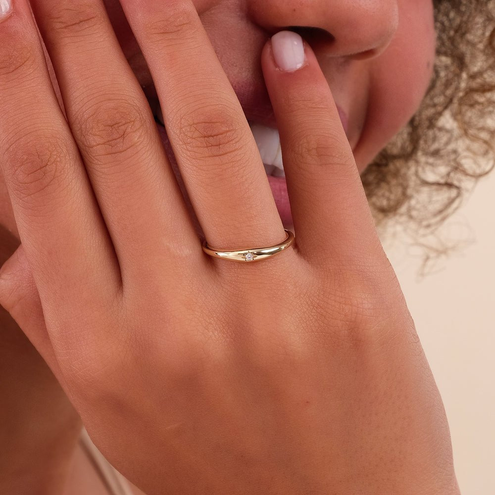 18K Solid Gold Thin Diamond Dome Ring - Style A