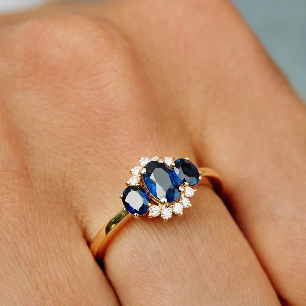 Solid Gold Three Stone Sapphire Cluster Ring