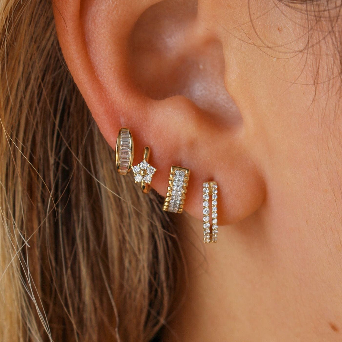 Solid Gold Diamond Baguette Channel Hoop Earring