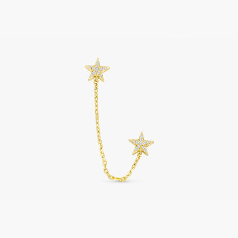 Solid Gold Double Diamond Star Chain Stud Earrings