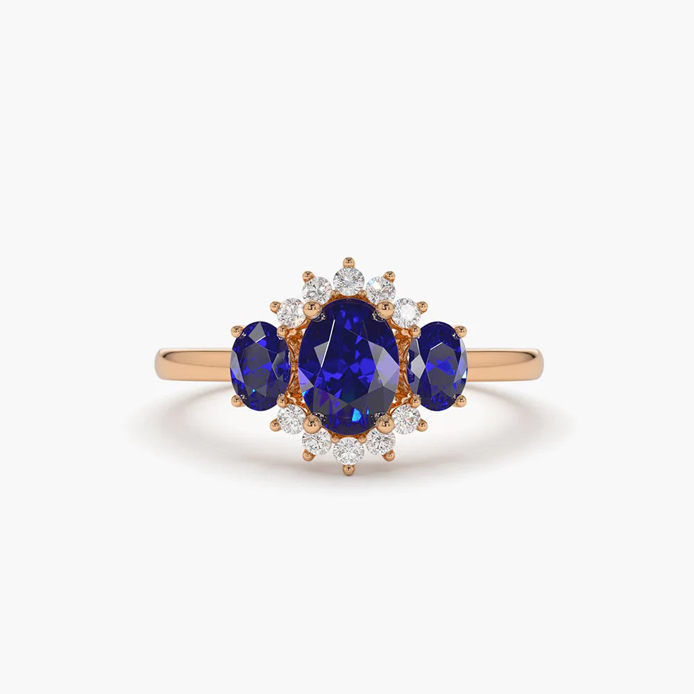 Solid Gold Three Stone Sapphire Cluster Ring