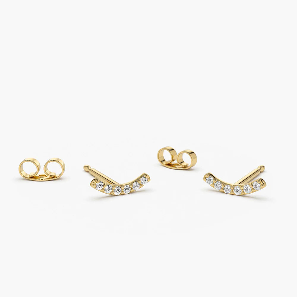 Solid Gold Diamond Curved Bar Stud Earrings