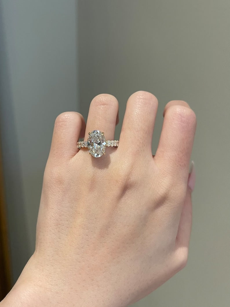 Solid Gold Brilliant Oval Cut 5Ct Moissanite Double Hidden Halo Ring