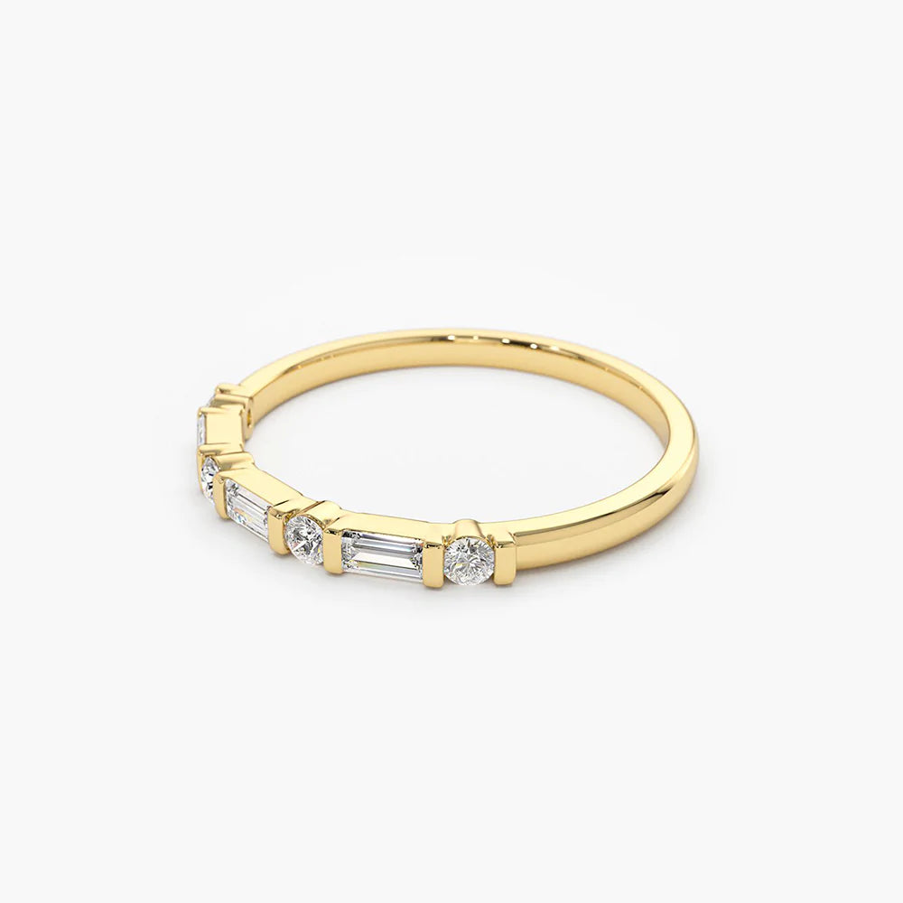 Solid Gold Alternating Baguette and Round Diamond Wedding Ring