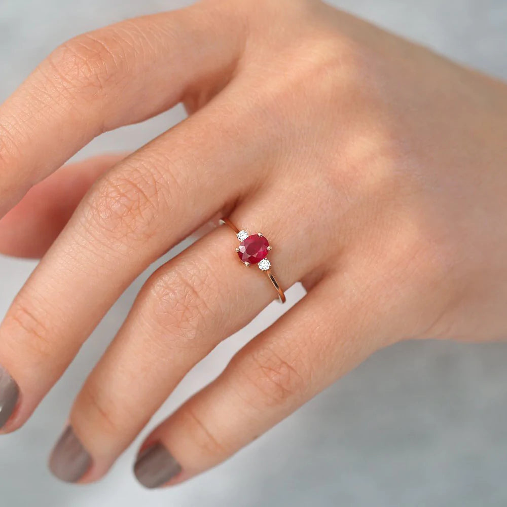 Solid Gold Oval Shape Ruby and Diamond 3 Stone Ring (12C9A5)