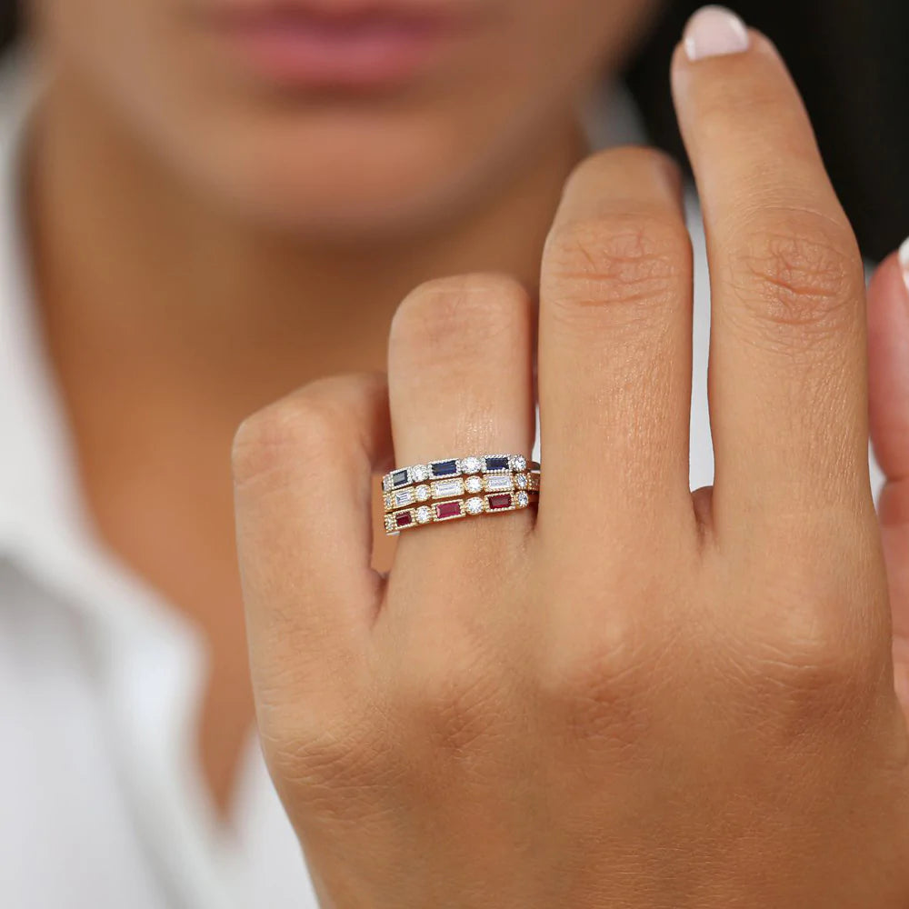 Solid Gold Sapphire Baguette and Diamond Ring (60DC7F)