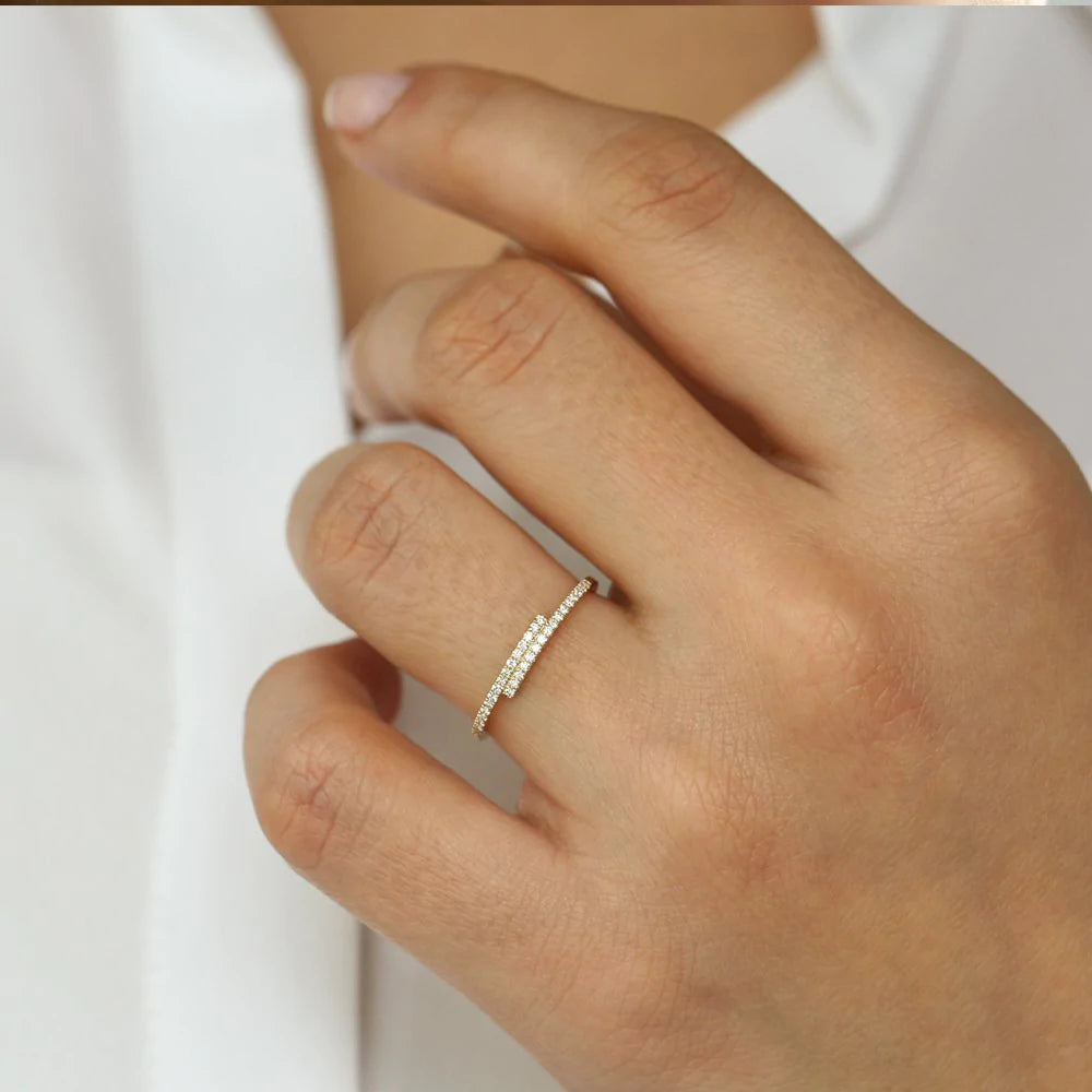 Solid Gold Cross Over Diamond Stackable Ring