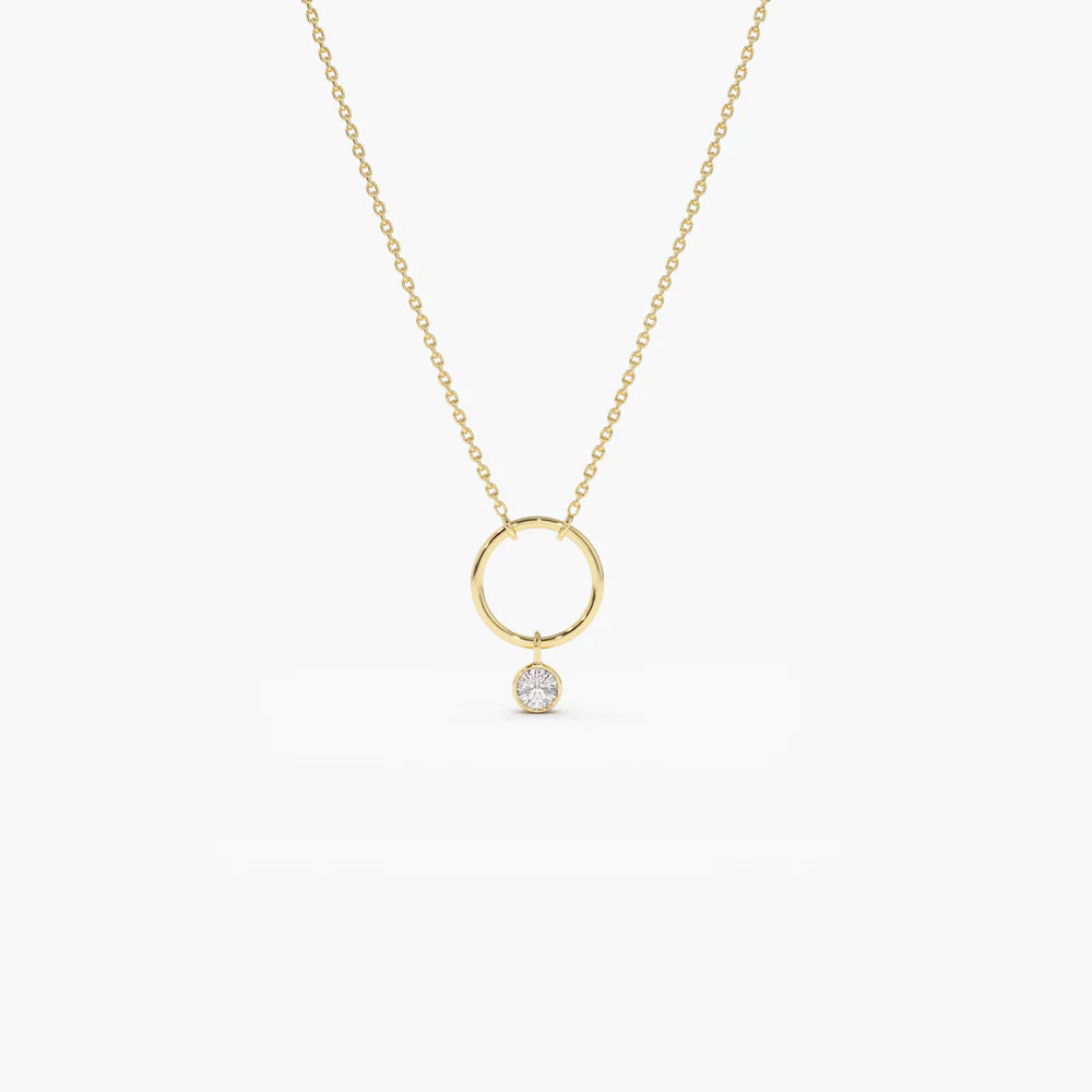 Solid Gold Circle Necklace with Bezel Set Diamond
