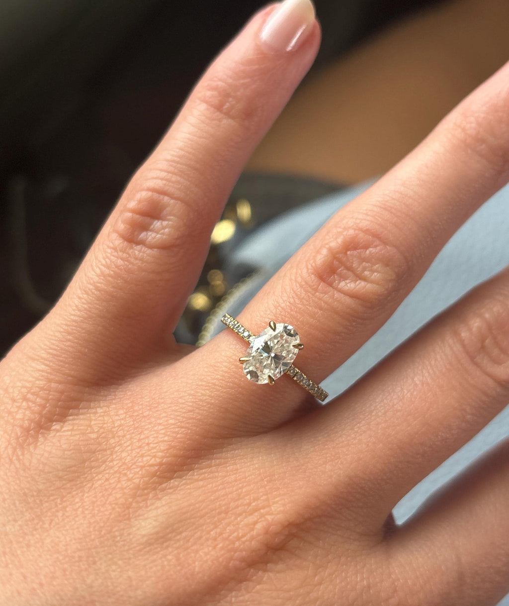 Solid Gold 1.5 Carat Oval Cut Moissanite Engagement Ring with Pave Band