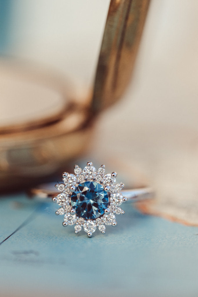 Solid Gold 0.84ct Round Blue Montana Sapphire Halo Ring