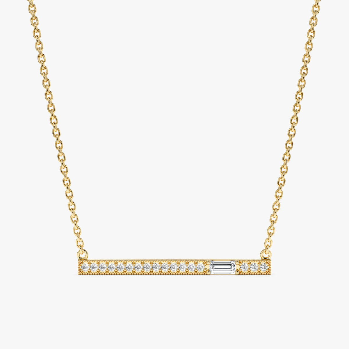 18K Solid Gold Baguette Diamond Bar Necklace - Style A