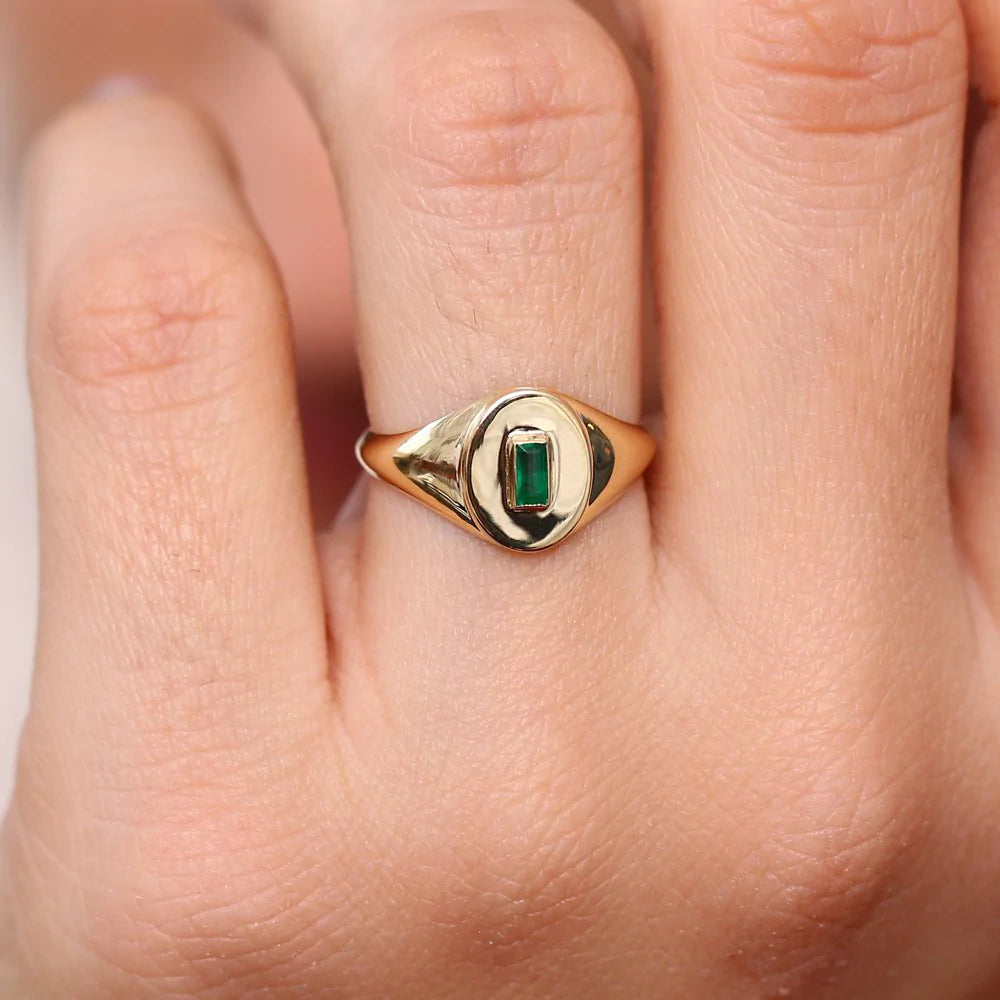 Solid Gold Baguette Emerald Signet Ring