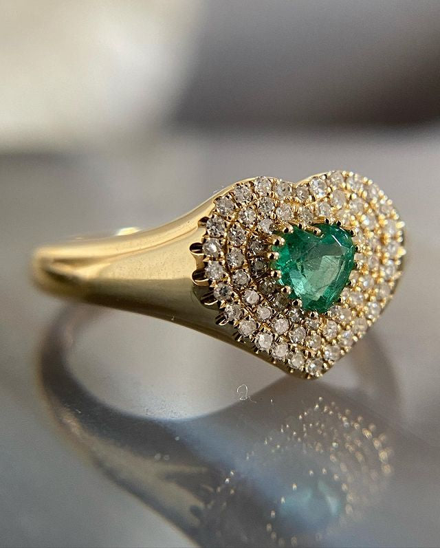 Solid Gold Emerald And Diamond Heart Signet Ring