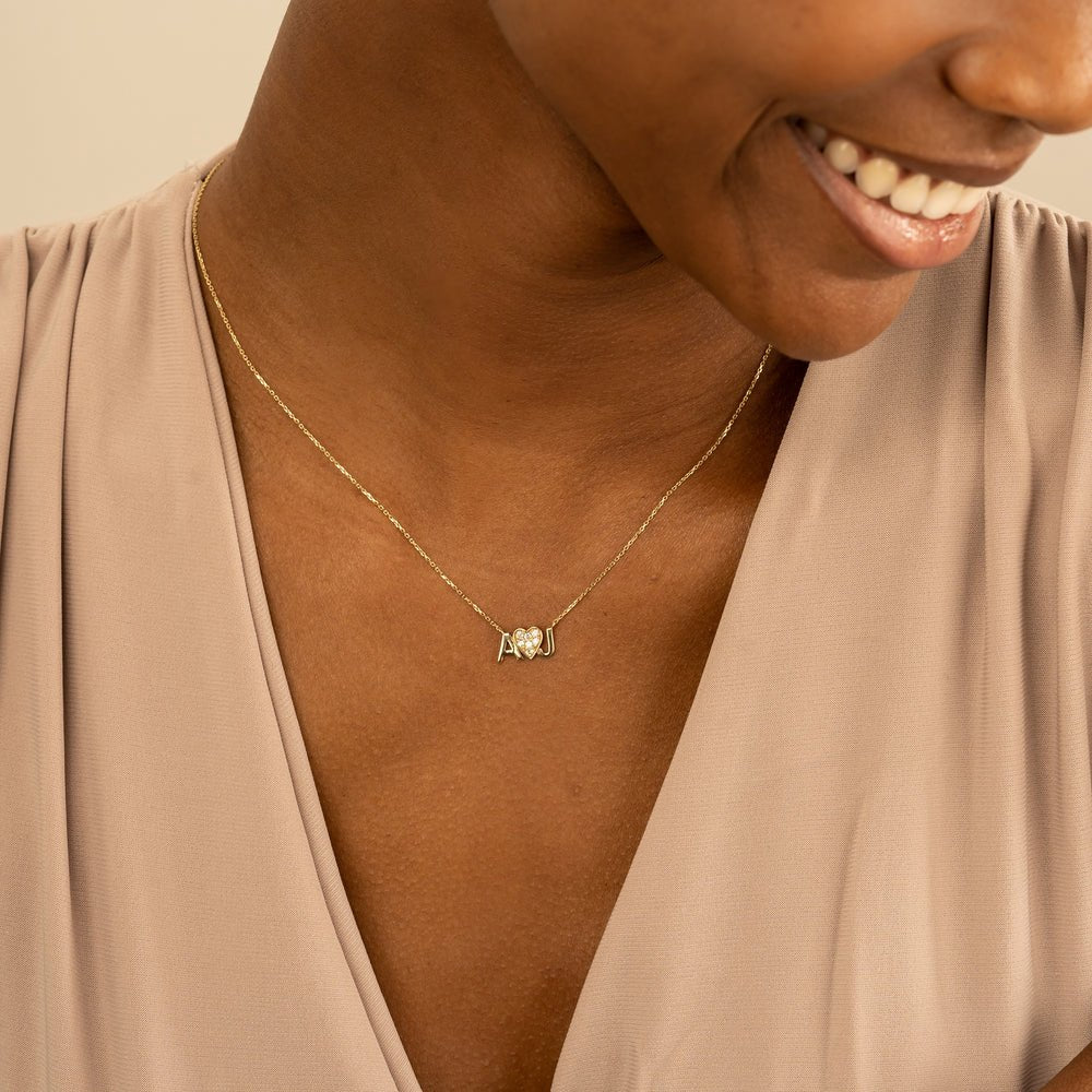 Solid Gold Diamond Heart Initials Necklace (2E5601)